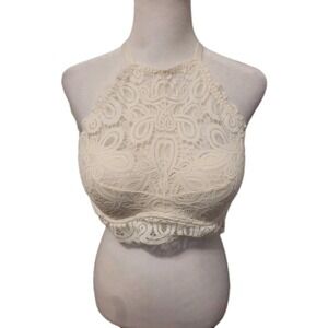 Victoria Secret Pink Lace Padded Halter Push Up Bralette Medium Coconut White